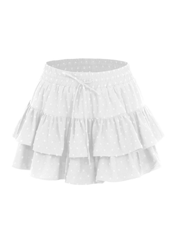 Skirts for Womens with Inner High Waist Mini Ruffle Skorts Drawstring Lightweight Beach Skirt White M