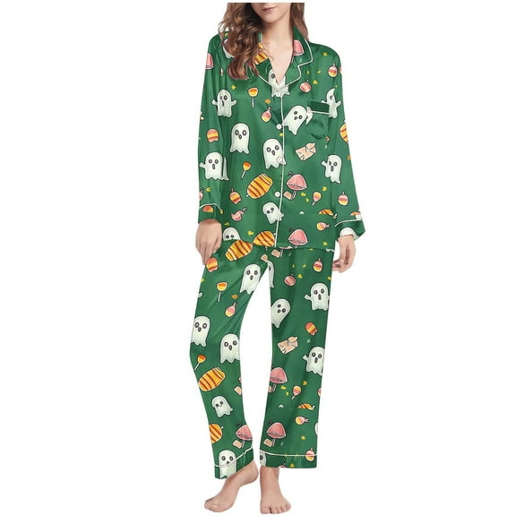 Riecok Sleep Sets for Women Long Sleeve Ghost print Button up Shirt and Wide Leg Pant Holiday Loungewear Matching Outfits