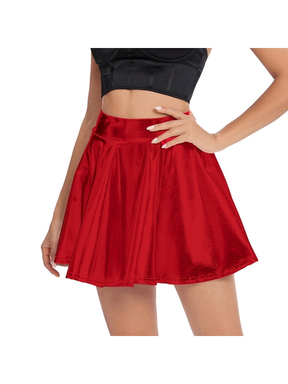 Sparkle Skirts for Women High Waist Mini Skirts Solid Pleated Lightweight Dance Performance Skirt Red M