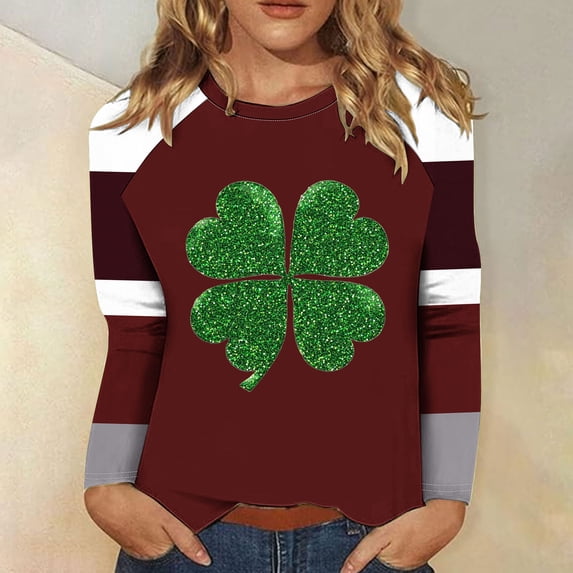 Riecok St. Patrick's Day Sweatshirt for Women Shamrock Pullover Womens Hoodies Oversized Sweatshirt Pullover Crewneck Trendy Clothes Casual Blouses Wine L