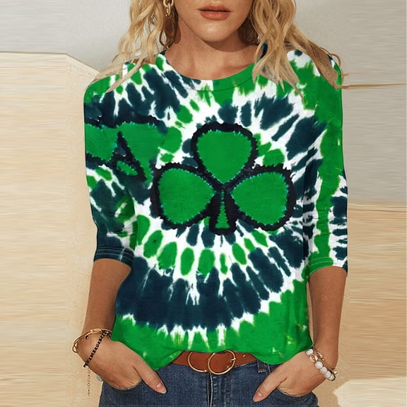 Riecok St. Patrick's Day Womens Tops 3/4 Length Sleeve Blouses Casual Spring Summer Collared Neck Trendy Clothes Casual Blouses Green L