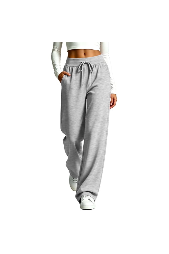 Straight Leg Sweatpants for Women Elastic Waist Drawstring Pants Pull on Sweat Pant Solid Workout Fall Trouser with Pockets Gray M