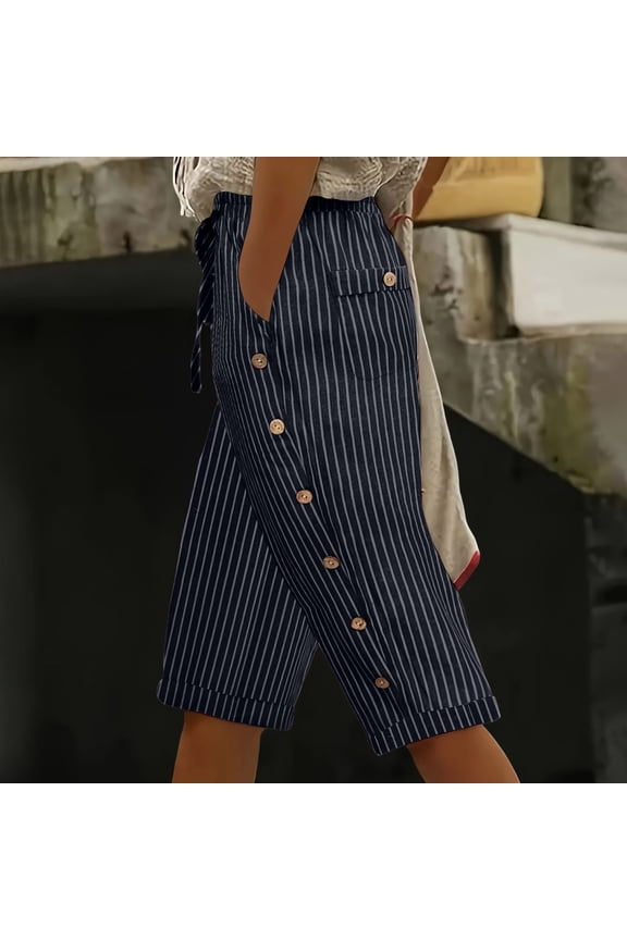 Striped Capris for Women with Pocket Elastic Waist Jogger Pants Button Decorated Drawstring Trousers Vacation Clothes