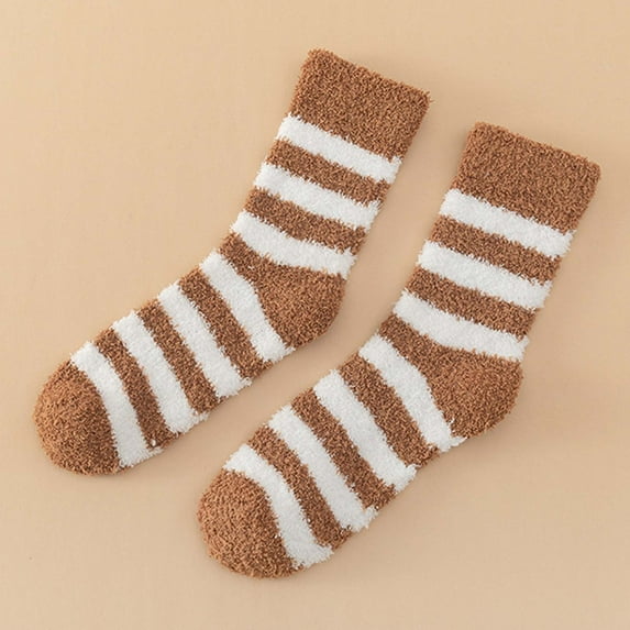 Riecok Striped Socks for Women Thick Thermal Cushioned Crew Socks Mid Calf Stretched Plush Warm Sleeping Socks for Everyday Wear