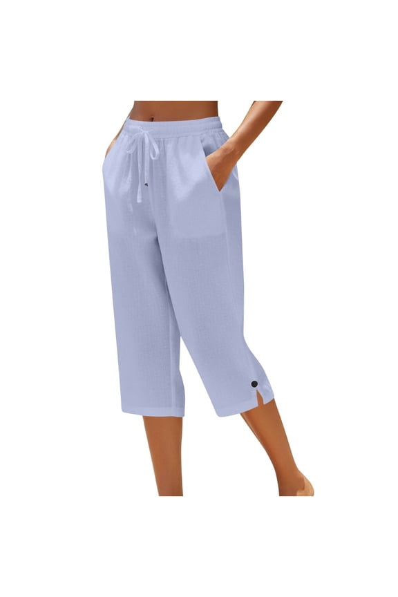 Summer Beach Capris for Women Elastic Waist Pants Button Decorated Straight Leg Pull on Palazzo Pants Loose Trousers