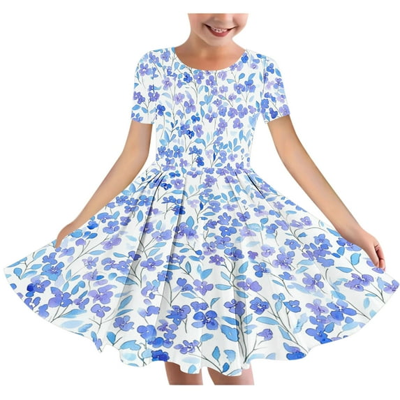 Riecok Summer Dress for 6 - 15 Year - Old Girls: Short - Sleeved Round - Neck, Easter Print, Waist - Tightening, Pocketed and Tiered Multicolor 11-12 Years