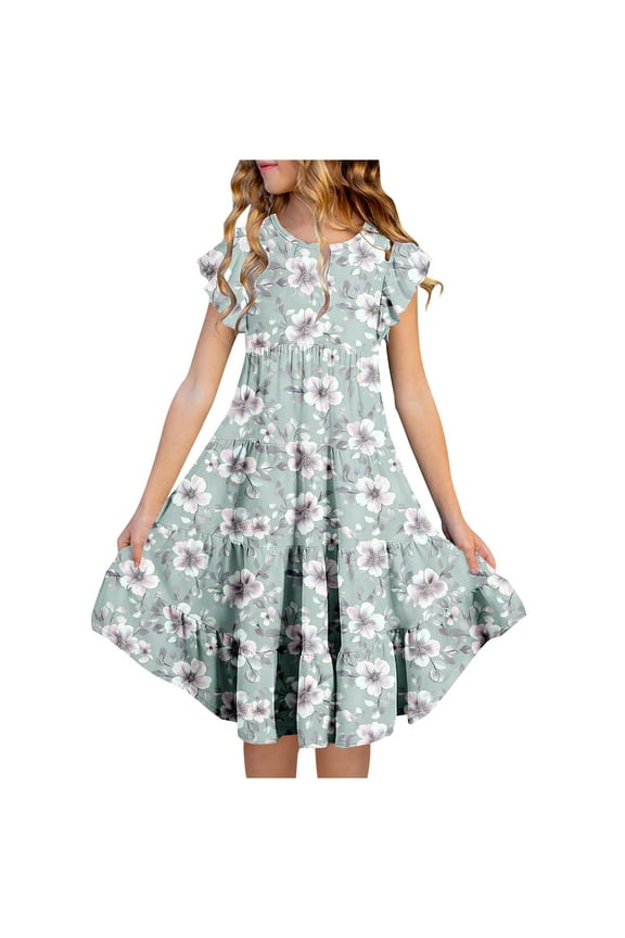 Summer Dress for 6 - 15 Year - Old Girls: Short - Sleeved Round - Neck, Easter Print, Waist - Tightening, Pocketed and Tiered Multicolor 12-13 Years