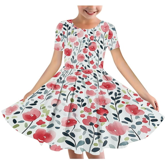 Riecok Summer Dress for 6 - 15 Year - Old Girls: Short - Sleeved Round - Neck, Easter Print, Waist - Tightening, Pocketed and Tiered Multicolor 13-14 Years