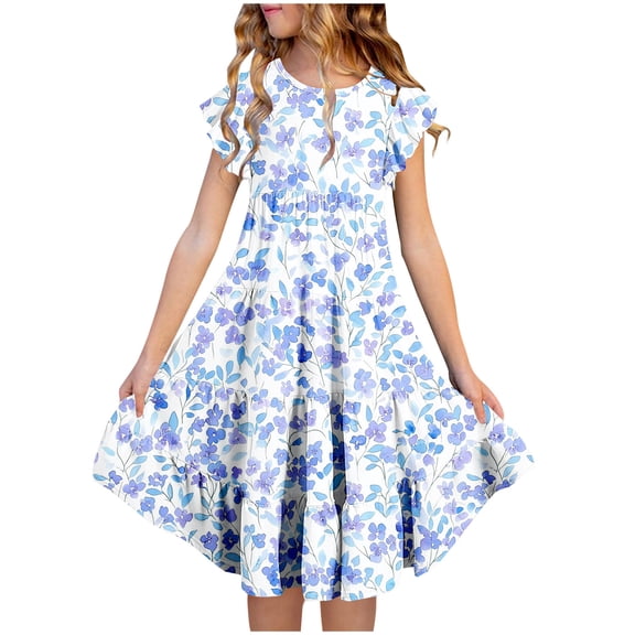 Riecok Summer Dress for 6 - 15 Year - Old Girls: Short - Sleeved Round - Neck, Easter Print, Waist - Tightening, Pocketed and Tiered Multicolor 14-15 Years