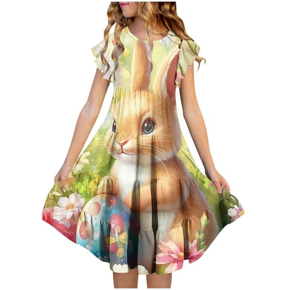 Riecok Summer Dress for 6 - 15 Year - Old Girls: Short - Sleeved Round - Neck, Easter Print, Waist - Tightening, Pocketed and Tiered Multicolor 14-15 Years