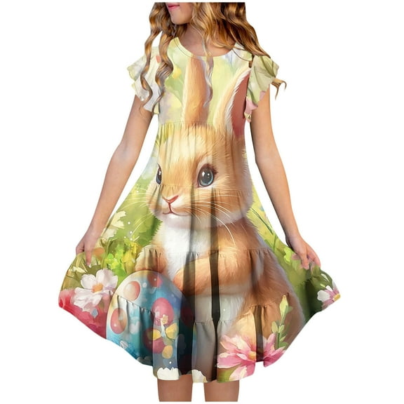 Riecok Summer Dress for 6 - 15 Year - Old Girls: Short - Sleeved Round - Neck, Easter Print, Waist - Tightening, Pocketed and Tiered Multicolor 6-7 Years
