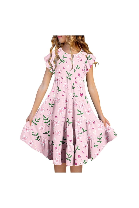 Summer Dress for 6 - 15 Year - Old Girls: Short - Sleeved Round - Neck, Easter Print, Waist - Tightening, Pocketed and Tiered Multicolor 6-7 Years