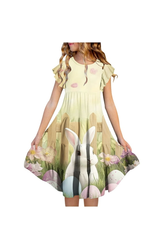 Summer Dress for 6 - 15 Year - Old Girls: Short - Sleeved Round - Neck, Easter Print, Waist - Tightening, Pocketed and Tiered Multicolor 6-7 Years