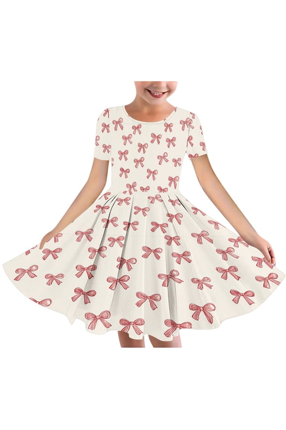 Summer Dress for 6 - 15 Year - Old Girls: Short - Sleeved Round - Neck, Easter Print, Waist - Tightening, Pocketed and Tiered Multicolor 7-8 Years