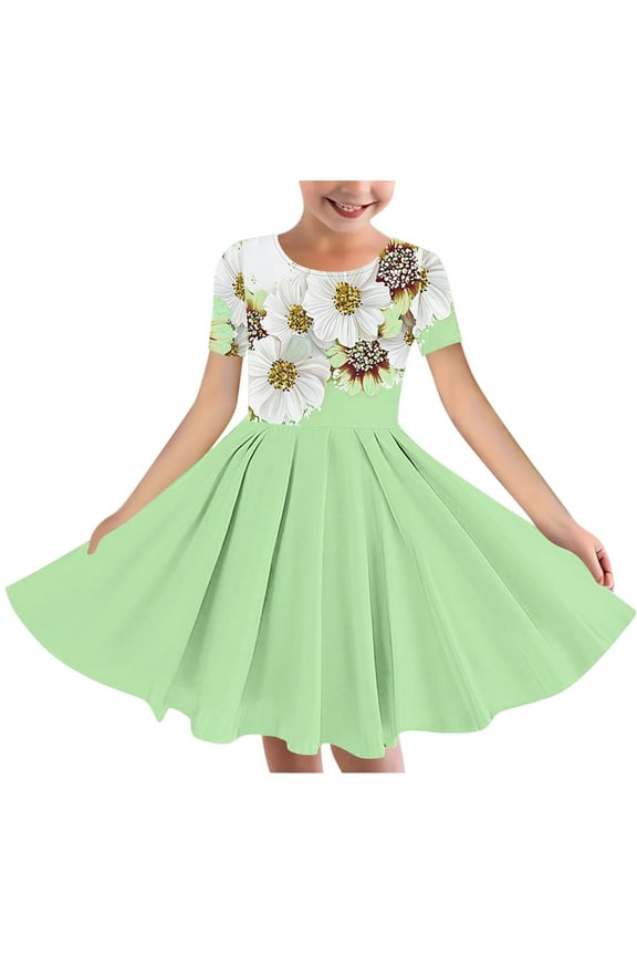 Summer Dress for 6 - 15 Year - Old Girls: Short - Sleeved Round - Neck, Easter Print, Waist - Tightening, Pocketed and Tiered Green 5-6 Years