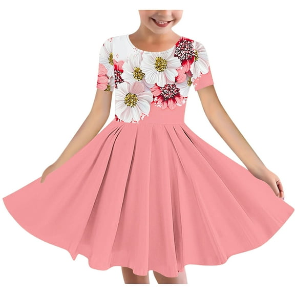 Riecok Summer Dress for 6 - 15 Year - Old Girls: Short - Sleeved Round - Neck, Easter Print, Waist - Tightening, Pocketed and Tiered Pink 11-12 Years