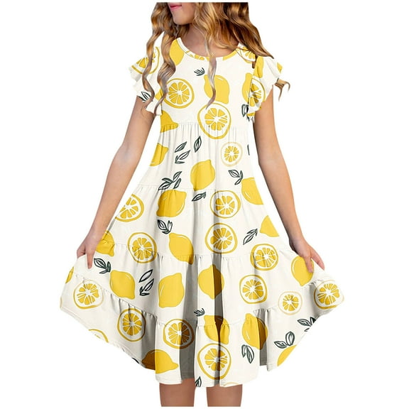 Riecok Summer Dress for 6 - 15 Year Old Girls: Short - Sleeved Round Neck Floral Elements Waist Cinched Pocket Tiered Design Multicolor 8-9 Years