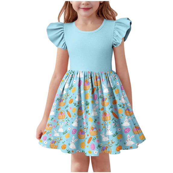 Riecok Summer Dresses for Girls Easter Flutter Short Sleeve A Line Mini Dress Flowy Bunny Eggs Print Holiday Clothes