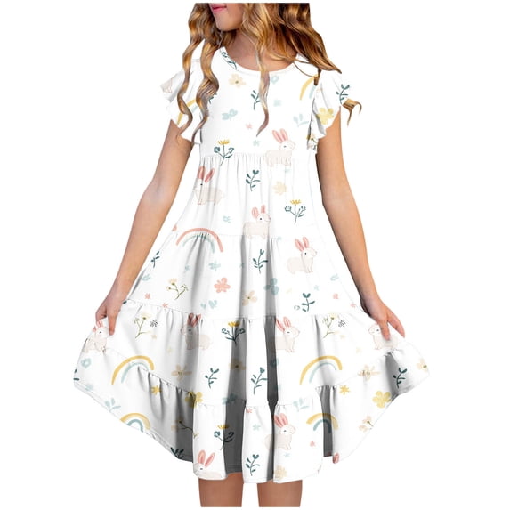 Riecok Summer Short - Sleeved Ruffled Round - Neck Easter - Printed Waist - Cinched Pocketed Tiered Dress for Girls Aged 6 - 15 Multicolor 10-11 Years