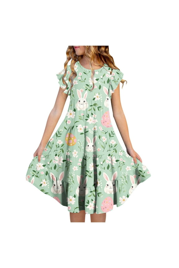Summer Short - Sleeved Ruffled Round - Neck Easter - Printed Waist - Cinched Pocketed Tiered Dress for Girls Aged 6 - 15 Multicolor 6-7 Years