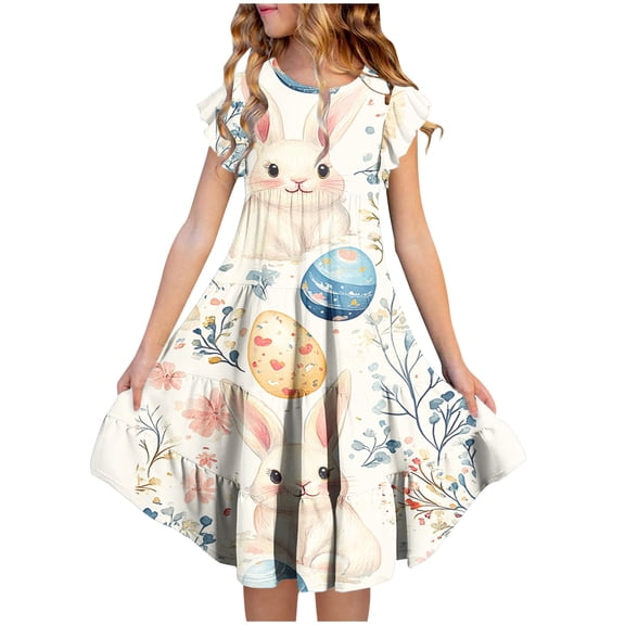 Riecok Summer Short - Sleeved Ruffled Round - Neck Easter - Printed Waist - Cinched Pocketed Tiered Dress for Girls Aged 6 - 15 Multicolor 8-9Years