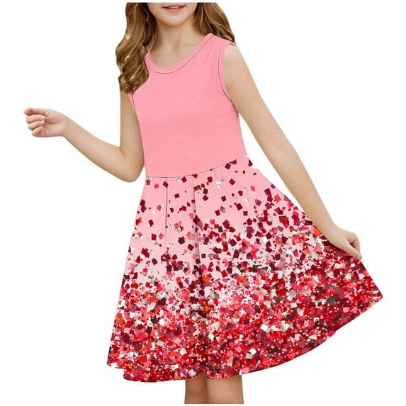 Riecok Summer Sleeveless Round Neck Dress with Sequin Print for Girls Tween Big Kids (3-14 Years) Waist-Cinching Outfit Pink 11 Years