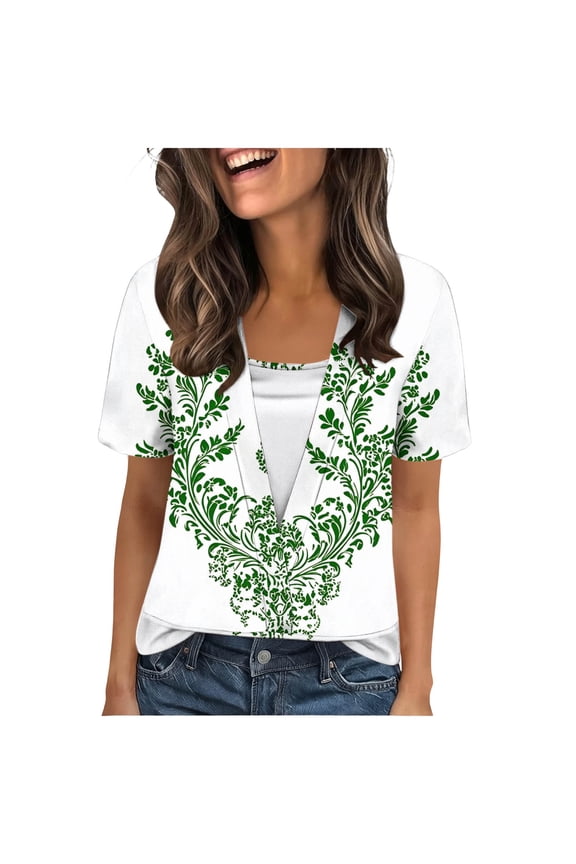 Summer Tops Women Short Sleeve Crewneck Pullover Trendy Printed Fake Two Piece Tunic T Shirts Business Blouses