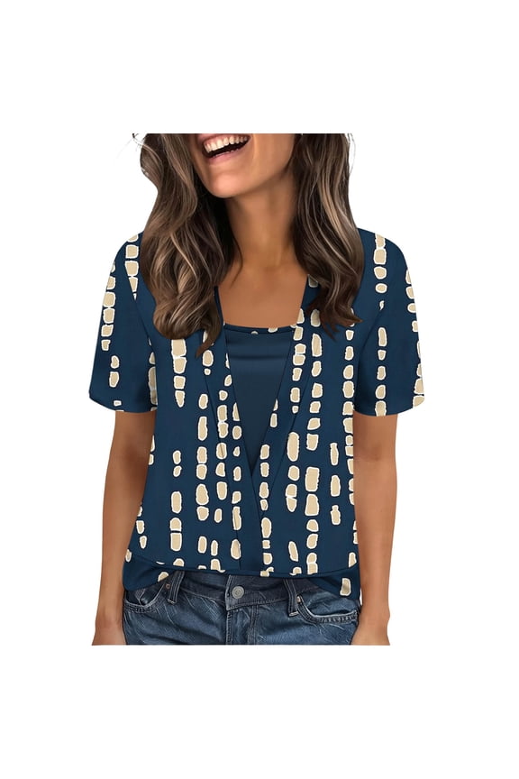 Summer Tops for Women Short Sleeve Crewneck Pullover Trendy Printed Fake Two Piece Tunic T Shirts Loose Blouses