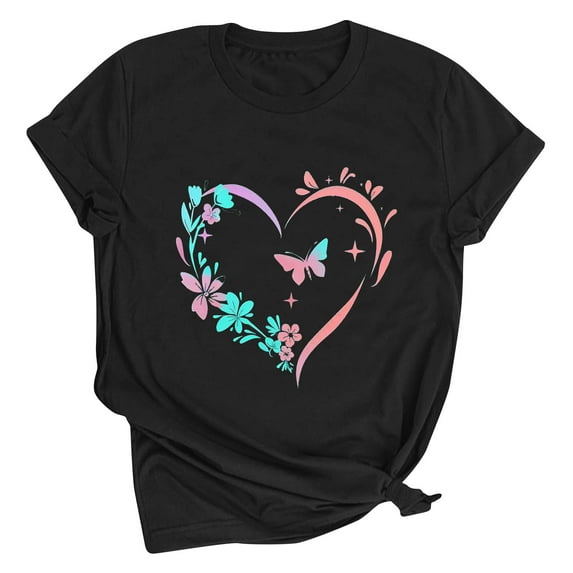 Riecok Summer Tops for Womens valentines day shirts Crewneck Heart T Shirt for Women Short Sleeve Fashion Casual Comfy Novelty Graphic Tops Black L