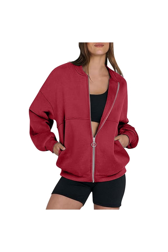 Sweat Jackets for Women Long Sleeve Jackets Zip Up Coats with Pockets Solid Color Casual Outerwear