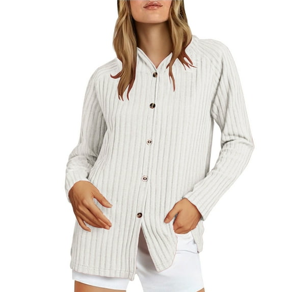 Riecok Sweat Jackets for Women Ribbed Long Sleeve Jackets Button Down Coats Solid Color Casual Stylish Clothes