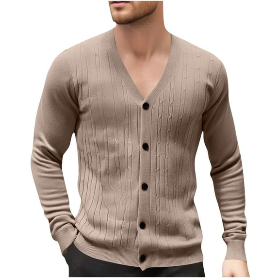 Riecok Sweater Cardigan for Men Long Sleeve V Neck Solid Color Coat Jacquard Outdoor Comfortable Outwear Coffee S