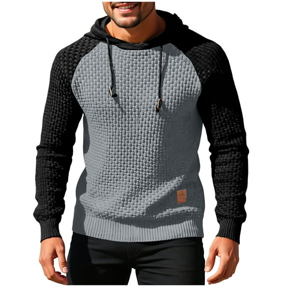 qelini Sweater Hoodie for Men Raglan Sleeve Hooded Knitted Sweaters Colorblock Pullover Tops Lightweight Casual Outerwear