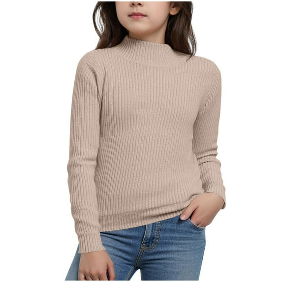 Riecok Sweaters for Girls Crewneck Long Sleeve Solid Color Knit Pullover Toddler Fall Tops Beige 9 Years