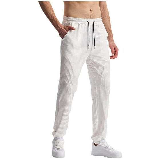Riecok Sweatpants for Men Elastic Waist Drawstring Active Athletic Solid Color Running Workout Gym Pants with Pockets White S