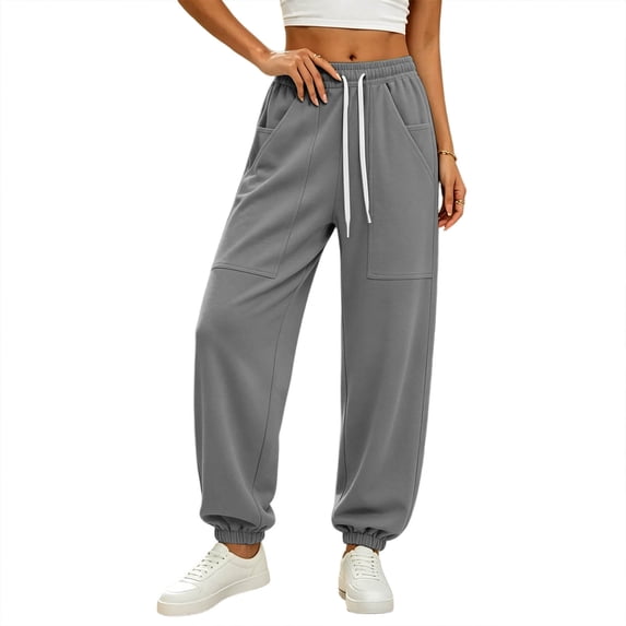 Riecok Sweatpants for Women Elastic Waist Drawstring Pants Pull on Tapered Sweat Pant Solid Workout Fall Trouser with Pockets Gray 2XL