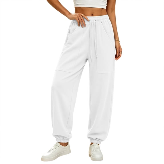 Riecok Sweatpants for Women Elastic Waist Drawstring Pants Pull on Tapered Sweat Pant Solid Workout Fall Trouser with Pockets White 2XL