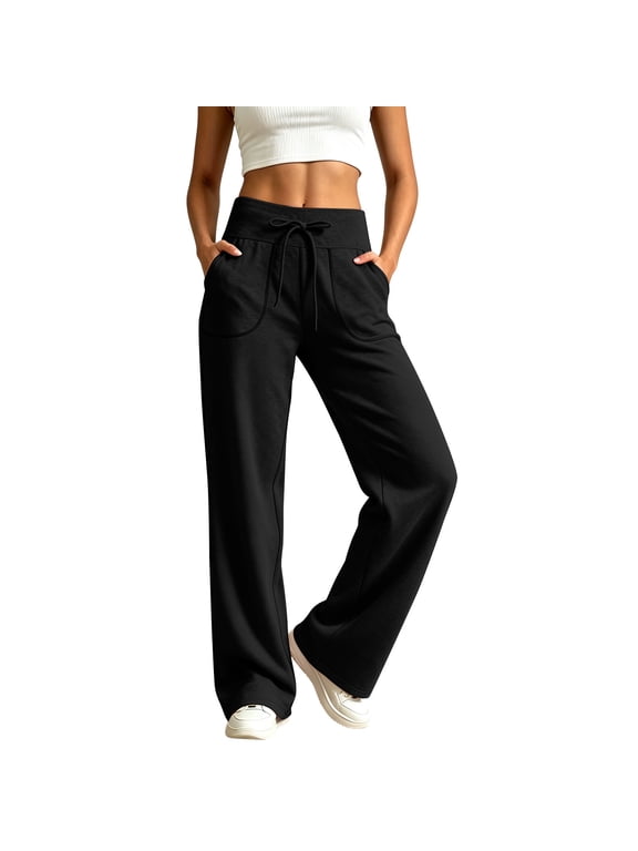 Sweatpants for Women High Waisted Drawstring Pants Pull on Wide Leg Sweat Pant Solid Casual Fall Trouser with Pockets Black S