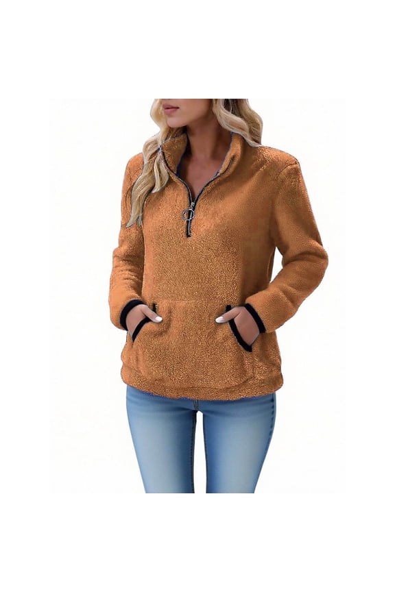 Sweatshirt for Women Half Zip up Collared Long Sleeve Jackets Coats with Pockets Solid Color Cozy Everyday Clothes