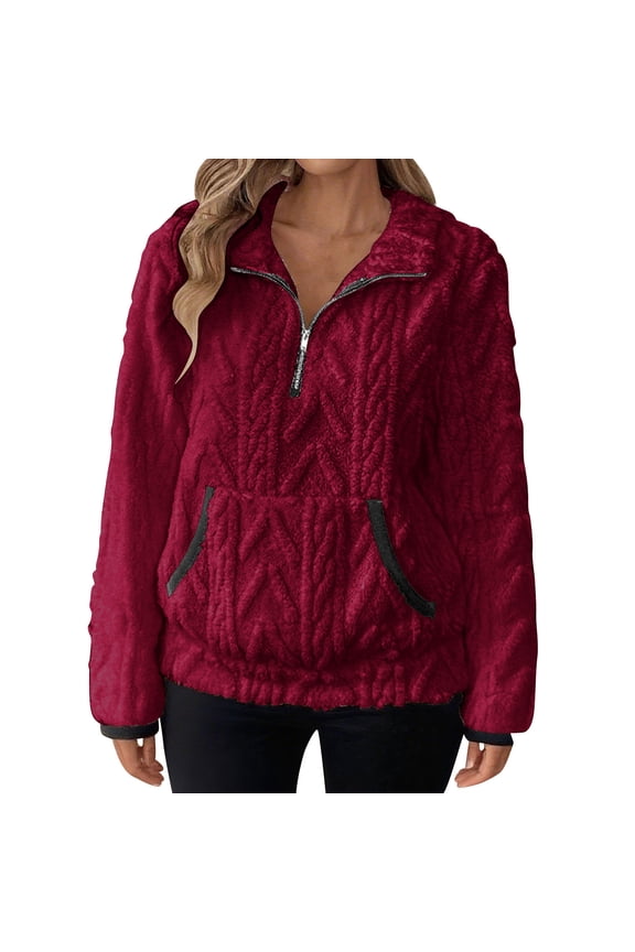 Sweatshirt for Women Half Zip up Lapel Long Sleeve Jackets Coats with Pockets Solid Color Casual Cozy Clothes