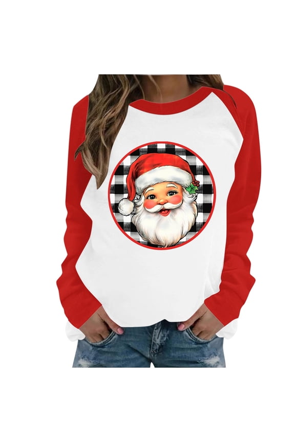 Sweatshirts for Women Christmas Crew Neck Raglan Sleeve Pullover Tops Santa Claus Print Casual Fall Clothes