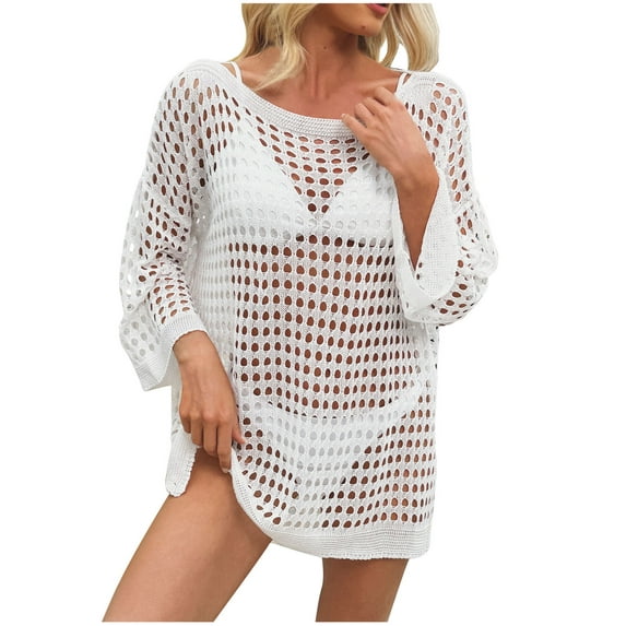 Riecok Swim Cover Up for Women Long Sleeve Hollow out Lightweight Swimsuit Cover Ups Summer Beach Vacation Tops