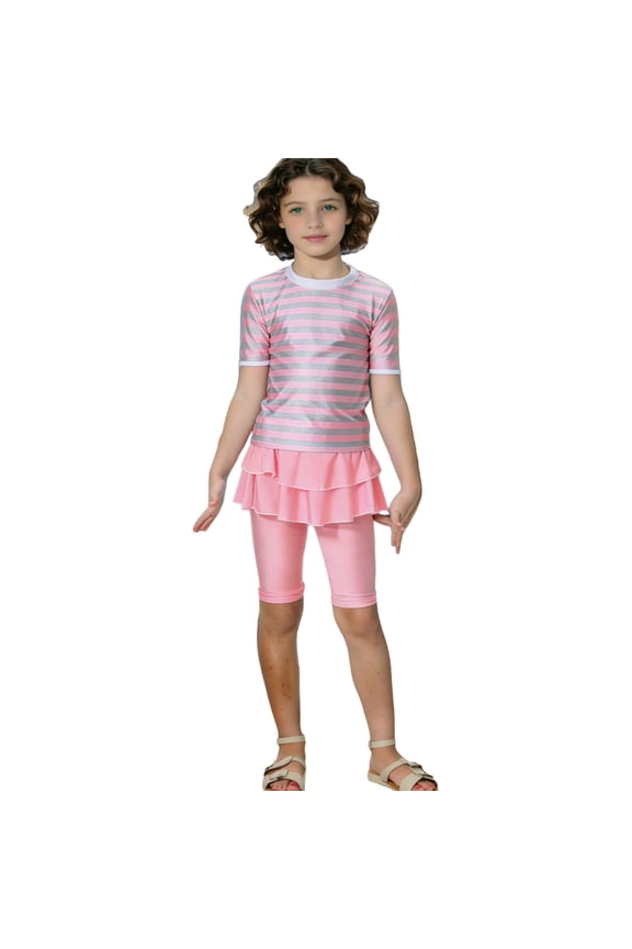 Swimming Suits Girls 3/4 Sleeve 2 Piece Bathing Suit Striped Modest Beach Two Piece Swimwear Set