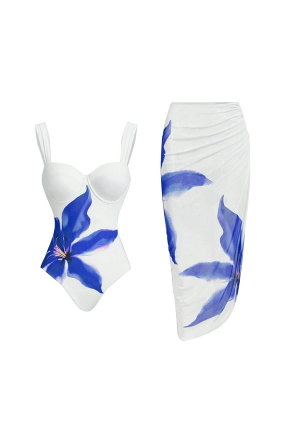 Swimsuit for Women 2 Piece with Cover up Beach Skirt Bathing Suits Floral Print Swim Suit Summer Beach Swimwear