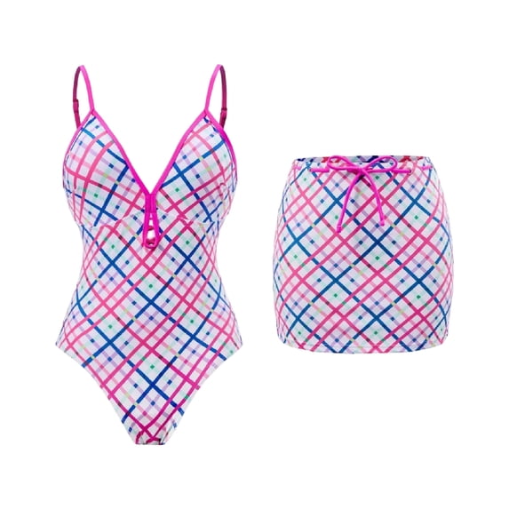 Riecok Swimsuits for Women One Piece Plaid Swimwear Sets with Skirt Backless Swim Suit Sleeveless Beach Bathing Suits