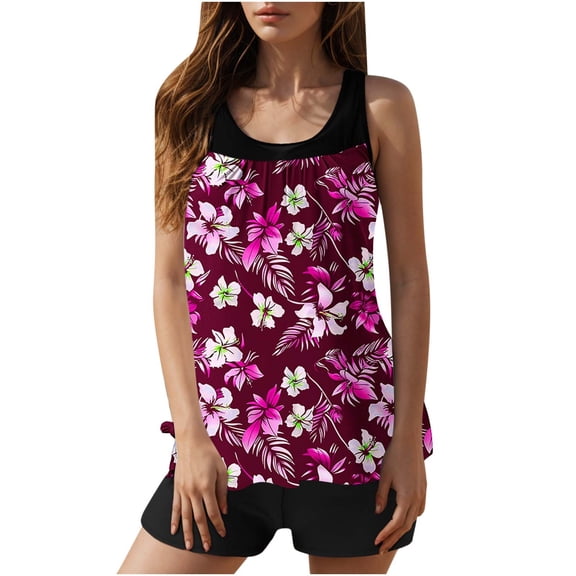 Riecok Swimsuits for Women Two Piece High Waisted Swimwear Floral Print Modest Tank Top and Shorts Beach Bathing Suits