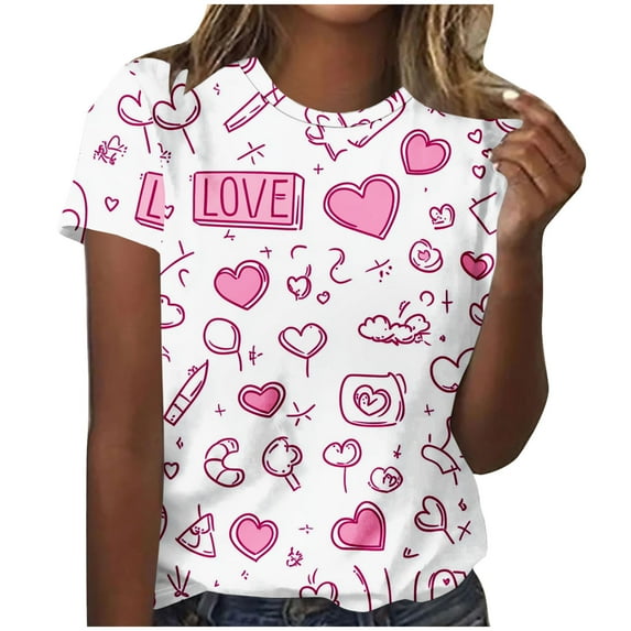 Riecok T Shirts for Women Valentine's Day Crewneck Short Sleeve Tops Blouses Heart Print Loose Summer Tees