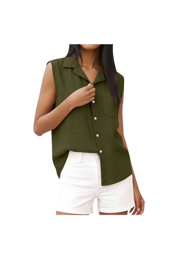 Tank Tops for Women Linen Collared Sleeveless Shirts Button down Tees Solid Versatile Summer Blouses with Pocket