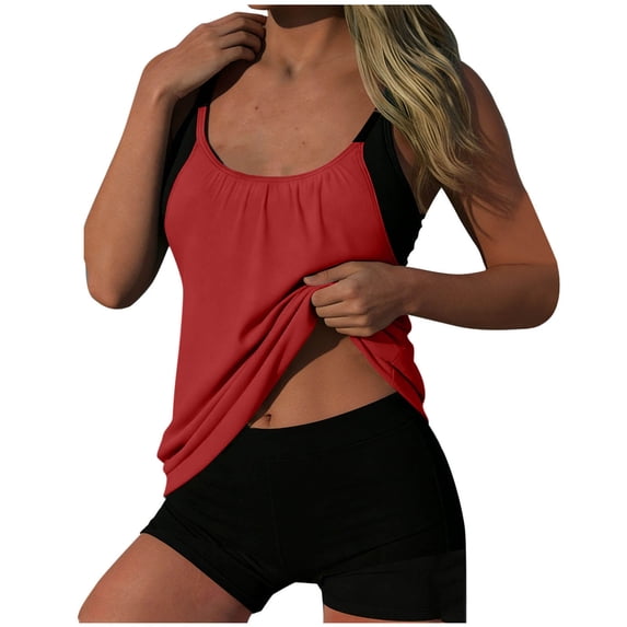 Riecok Tankini Bathing Suits for Women Plus Size Two Piece Swimsuits Solid Modest Tank Top and Shorts Beach Swimwear