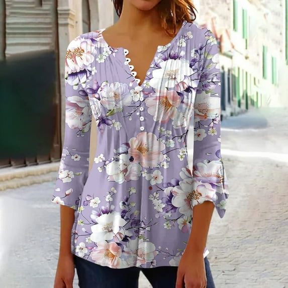 Riecok Tencole 3/4 Sleeve Shirts for Women Summer Blouse Loose Printed Daily Outdoor and Home Dating V-Neck 3/4 Sleeve Comfortable Fashion Pink XL